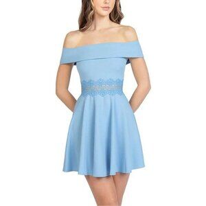 B. Darlin Sz 3/4 Fit Flare Dress Baby Blue Off Shoulder Crochet Special Occasion